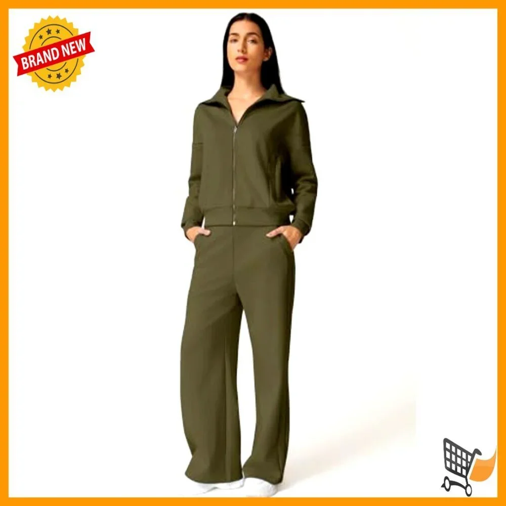 Cotton Zip-Up Sweatshirt and Wide Leg Pants Matching Tracksuit Set